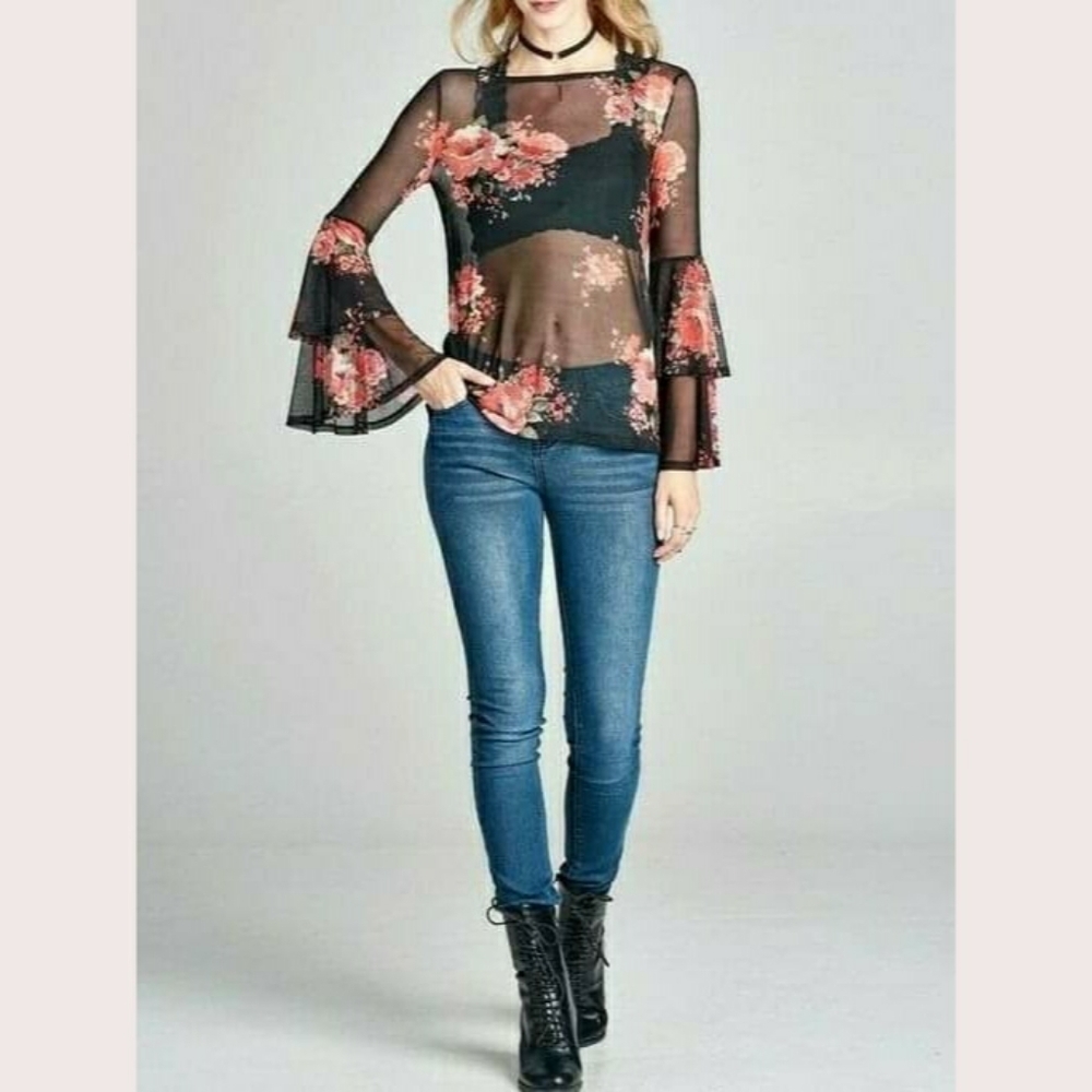 Sheer See Through Blue Floral Top Blouse Long Flare Sleeve - Picture 3 of 9